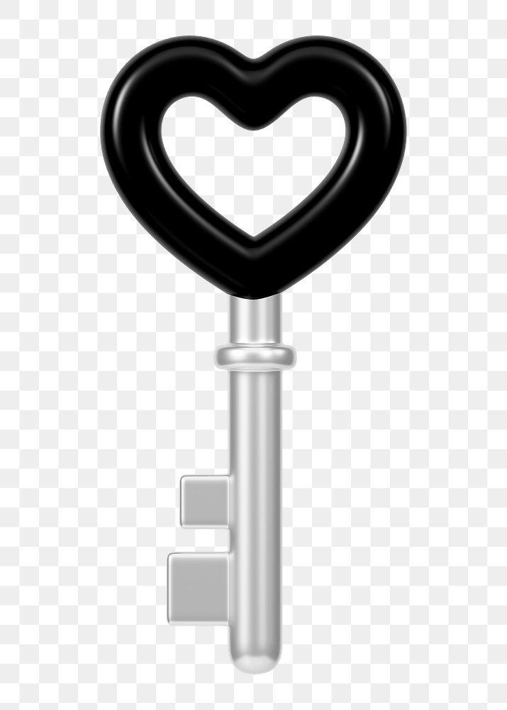 Black heart key png Valentine's 3D element, transparent background