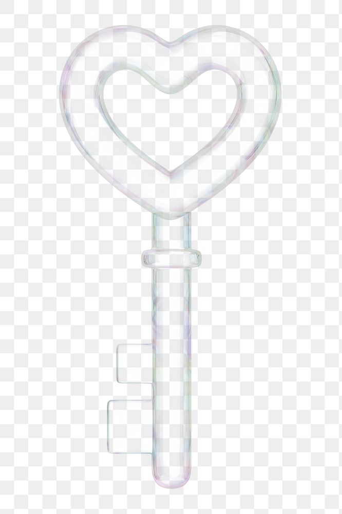 Glassy heart key png Valentine's 3D element, transparent background