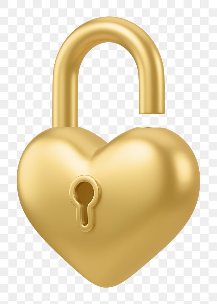 Golden heart padlock png 3D element, transparent background