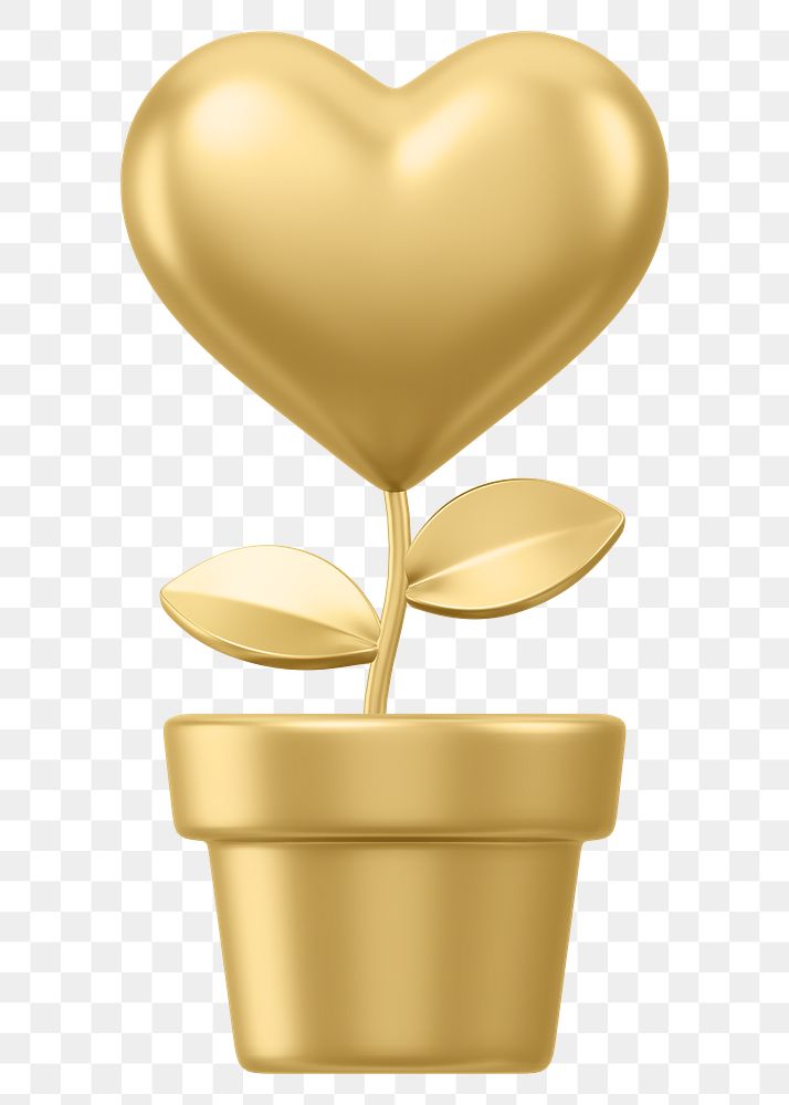 Gold heart plant png 3D element, transparent background