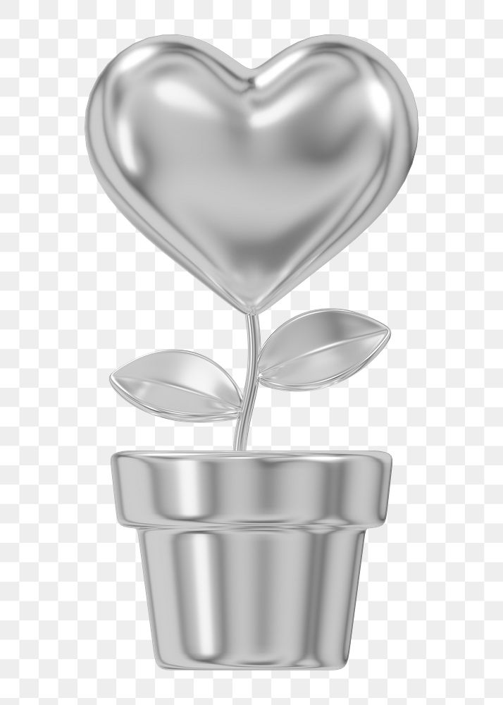 Silver  heart plant png 3D element, transparent background