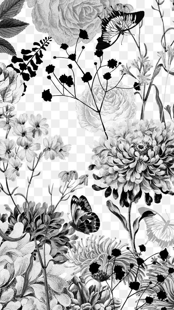 Monotone flower png black and white botanical, transparent background