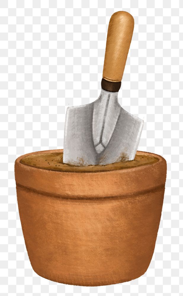 Plant pot and trowel png, gardening illustration, transparent background