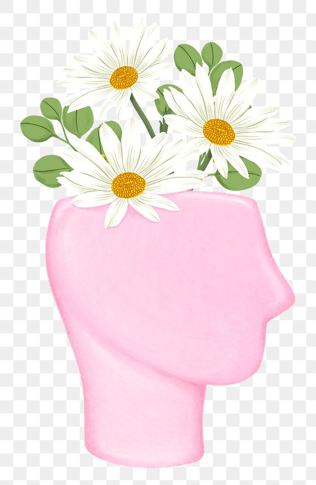 Flower growing head png, mental health remix, transparent background