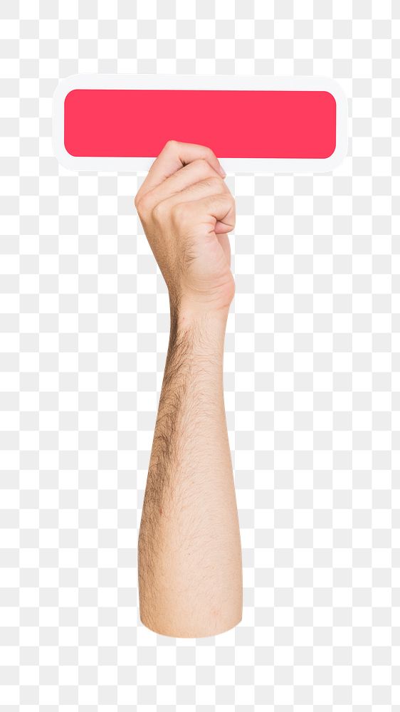 Minus mark png hand holding sign, transparent background