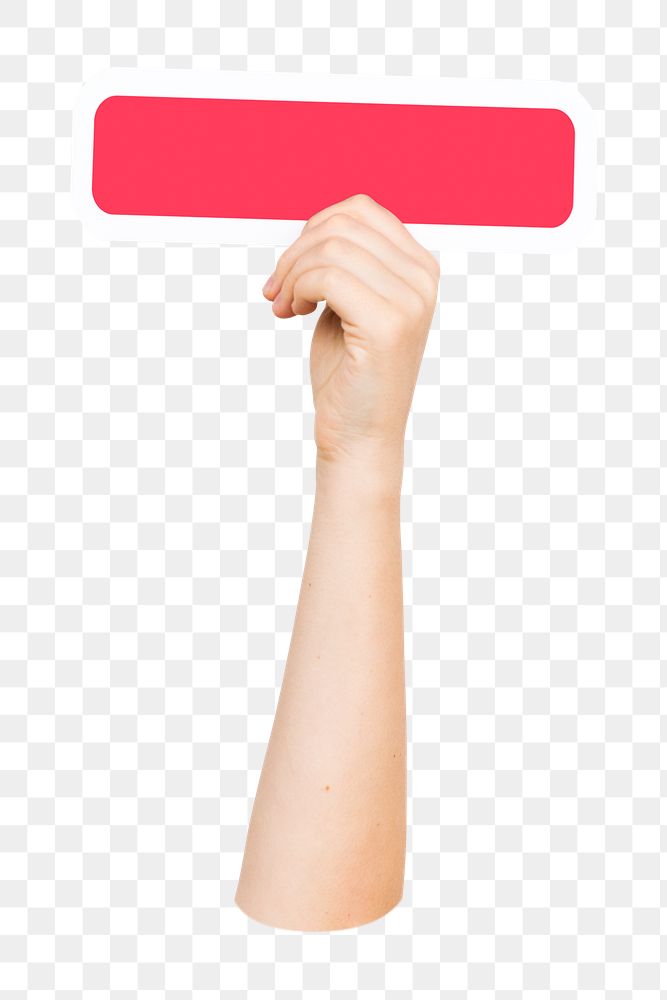 Minus mark png hand holding sign, transparent background