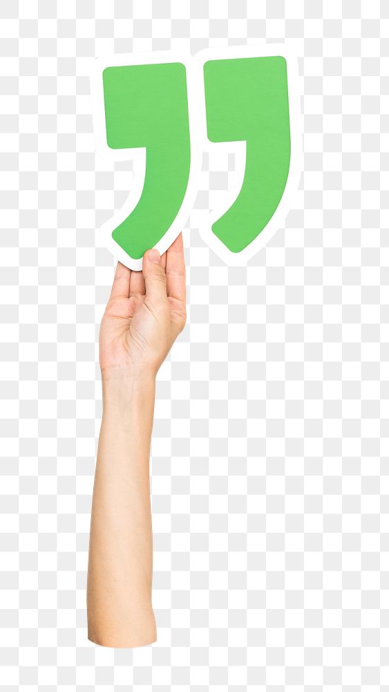 Quotation mark png hand holding sign, transparent background