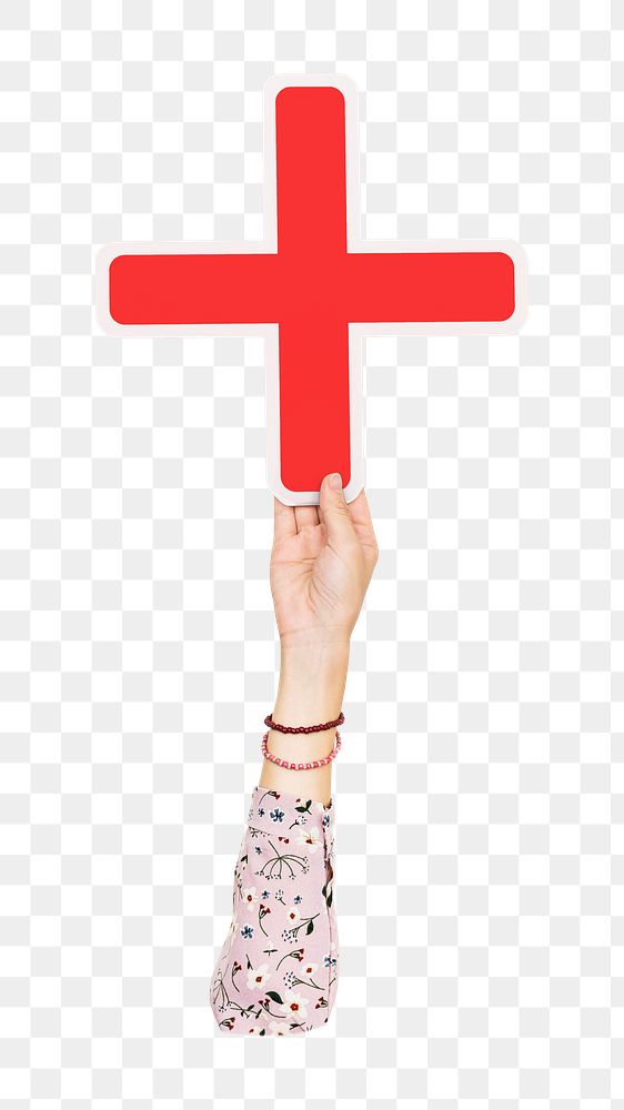 Red cross icon png hand holding sign, transparent background