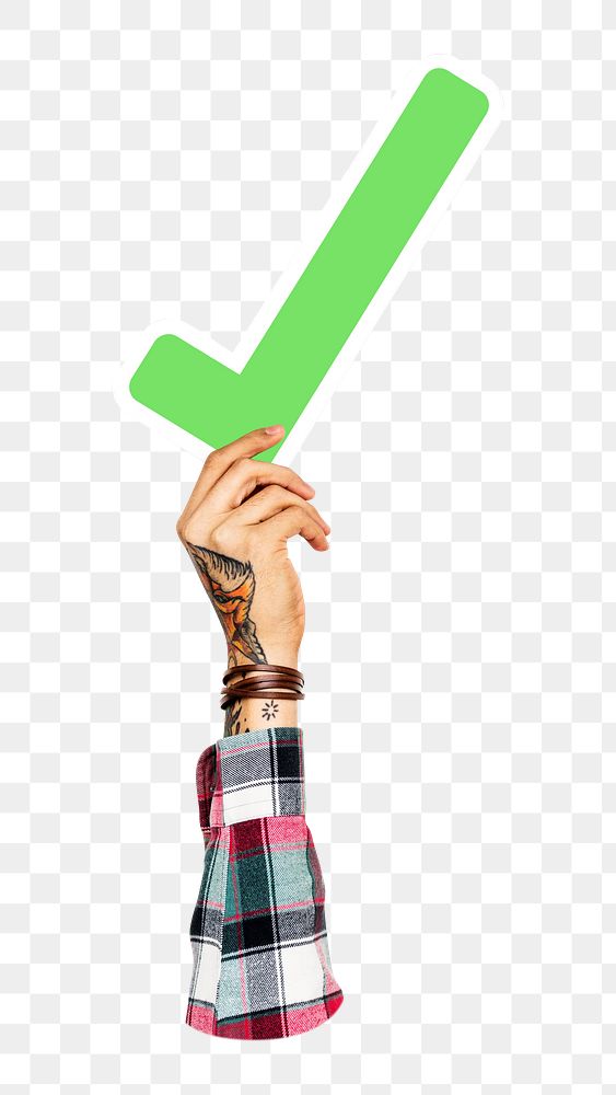 Green checkmark icon png hand holding sign, transparent background