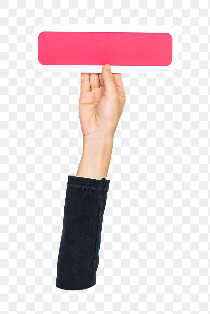 Minus mark png hand holding sign, transparent background