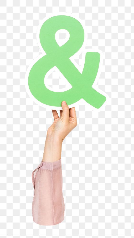 Ampersand png hand holding sign, transparent background