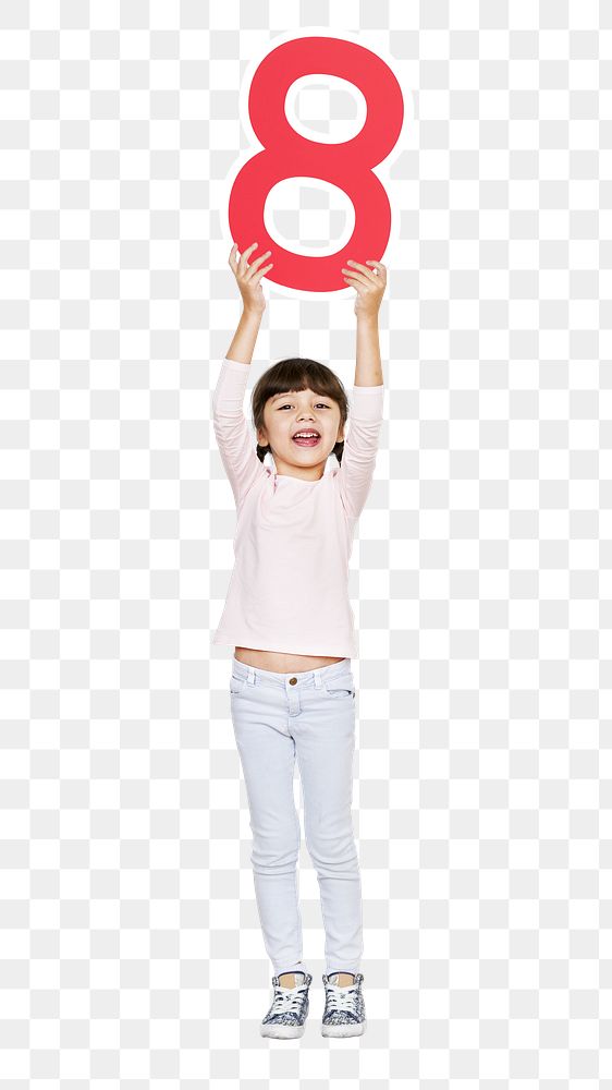 Png girl holding number eight, transparent background