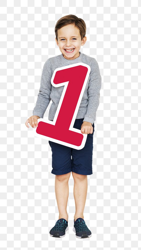 Png kid holding number one, transparent background