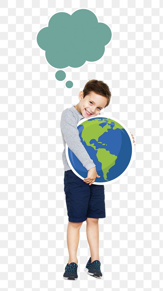Boy hugging Earth png, transparent background