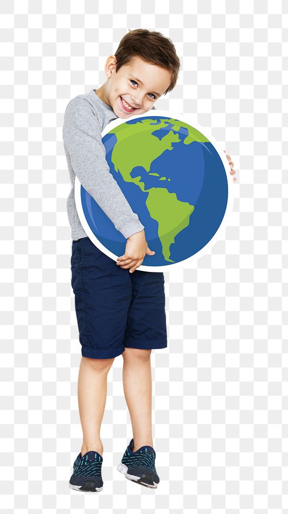 Boy hugging Earth png, transparent background