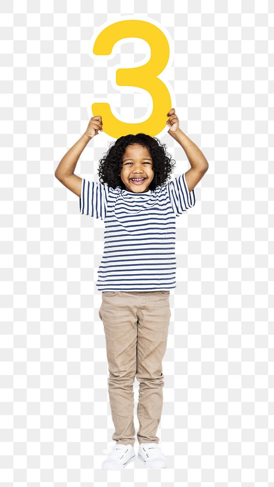 Png kid holding number three, transparent background