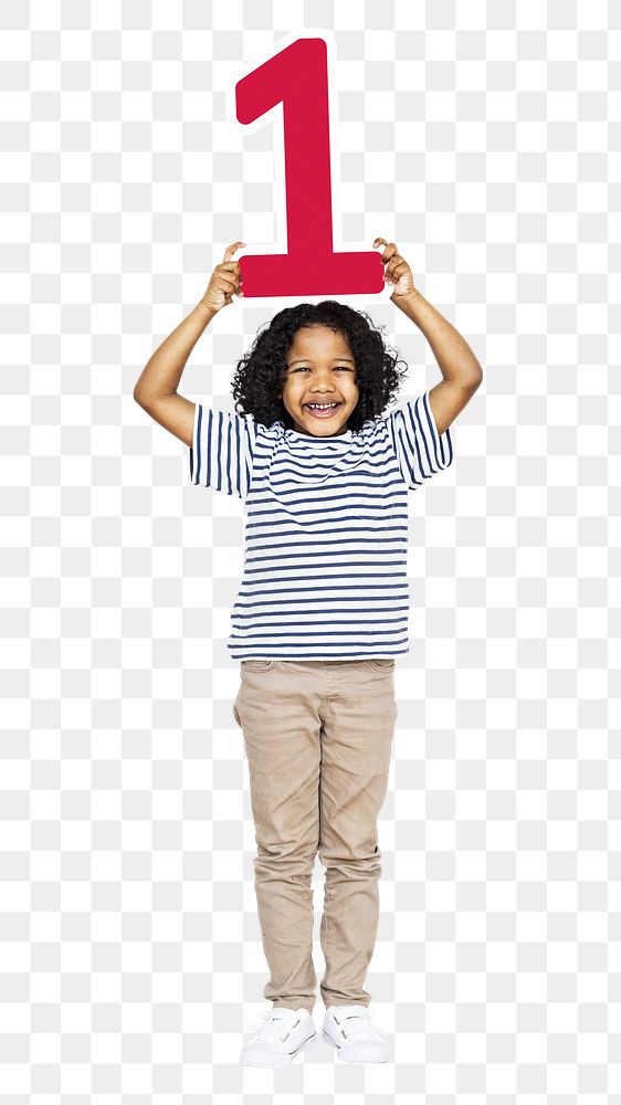 Png kid holding number one, transparent background