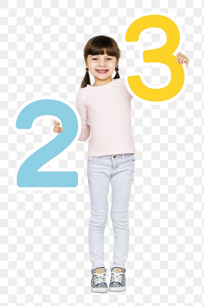 Png girl holding number two & three, transparent background
