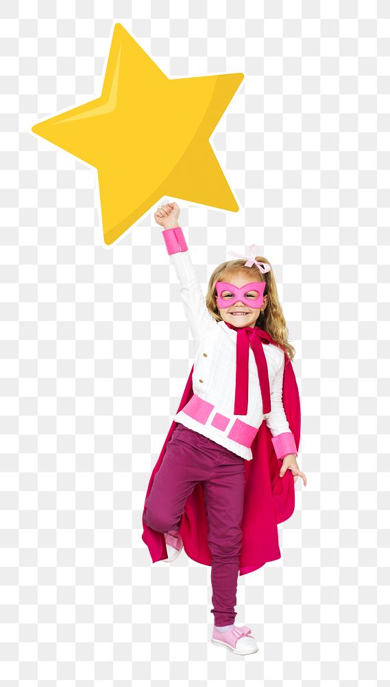 Png superhero girl  holding star icon, transparent background