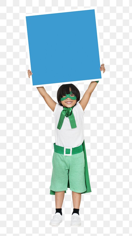 Superhero with empty board png kid, transparent background