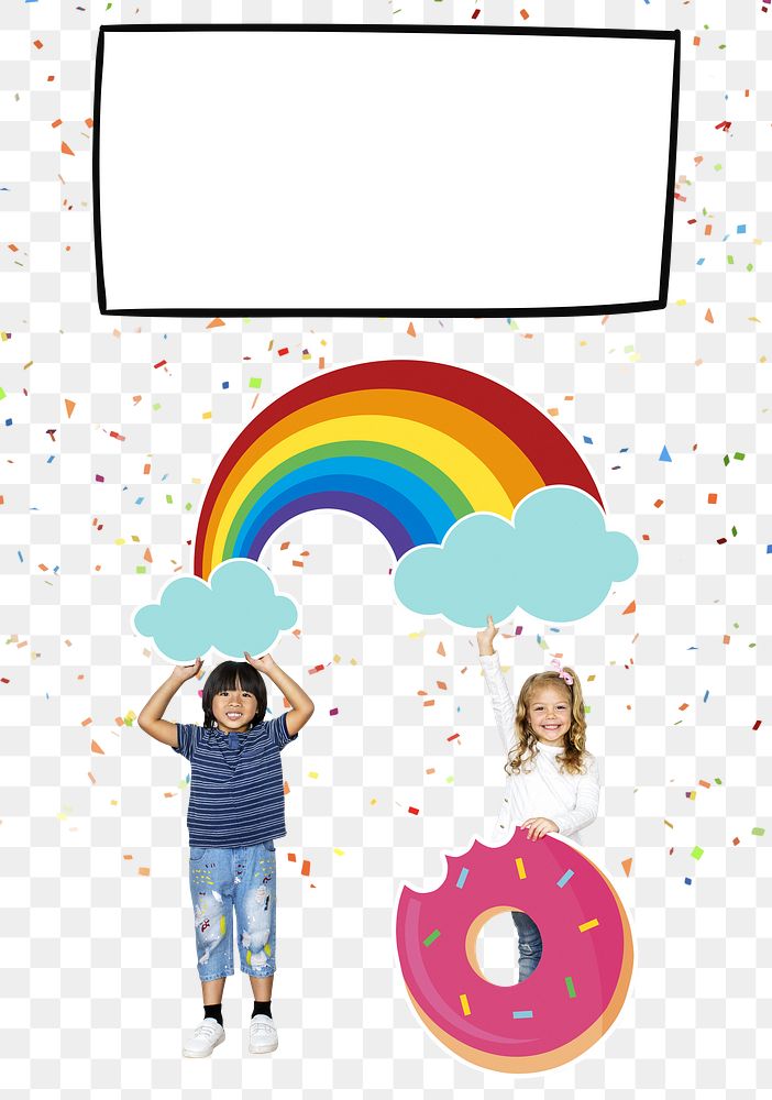 Kids with rainbow & donut png, transparent background
