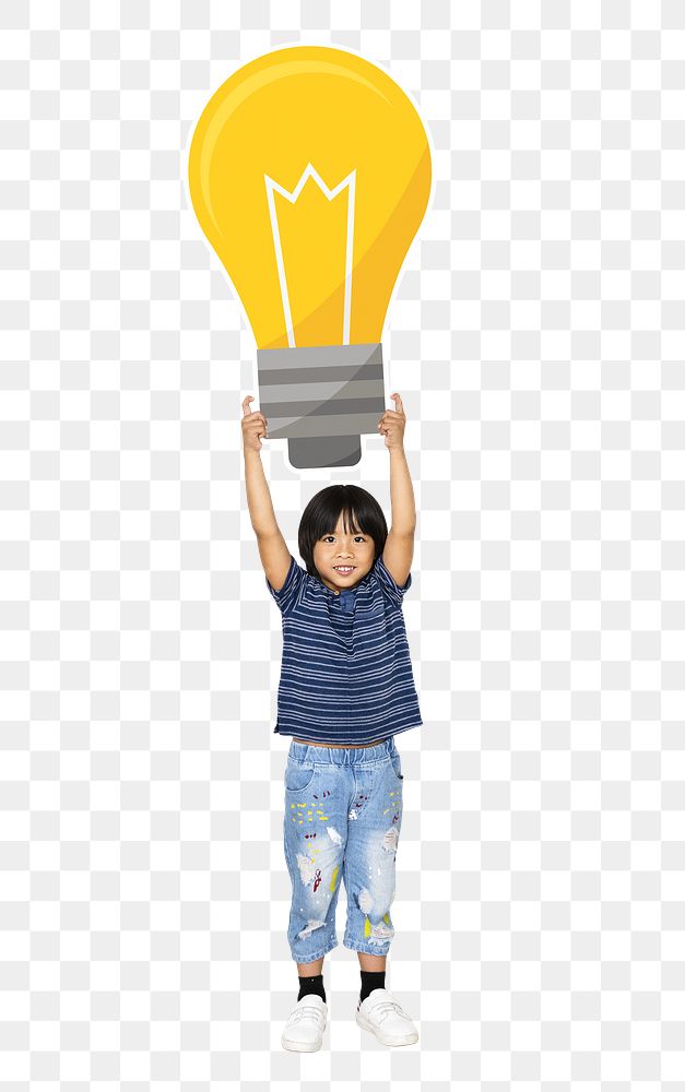 Png boy holding light bulb, transparent background