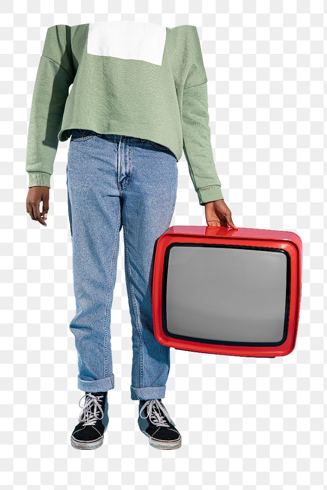 PNG Woman holding a red retro television, transparent background