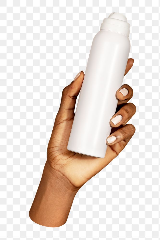PNG Hand holding a white spray bottle collage element, transparent background