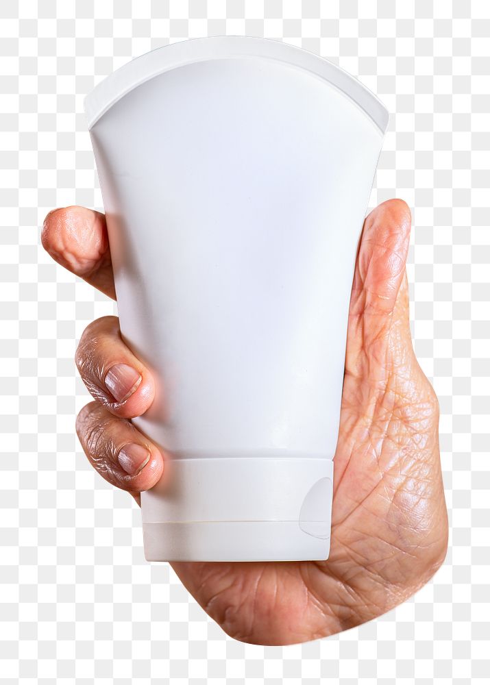PNG Hand holding a facial cream container, transparent background