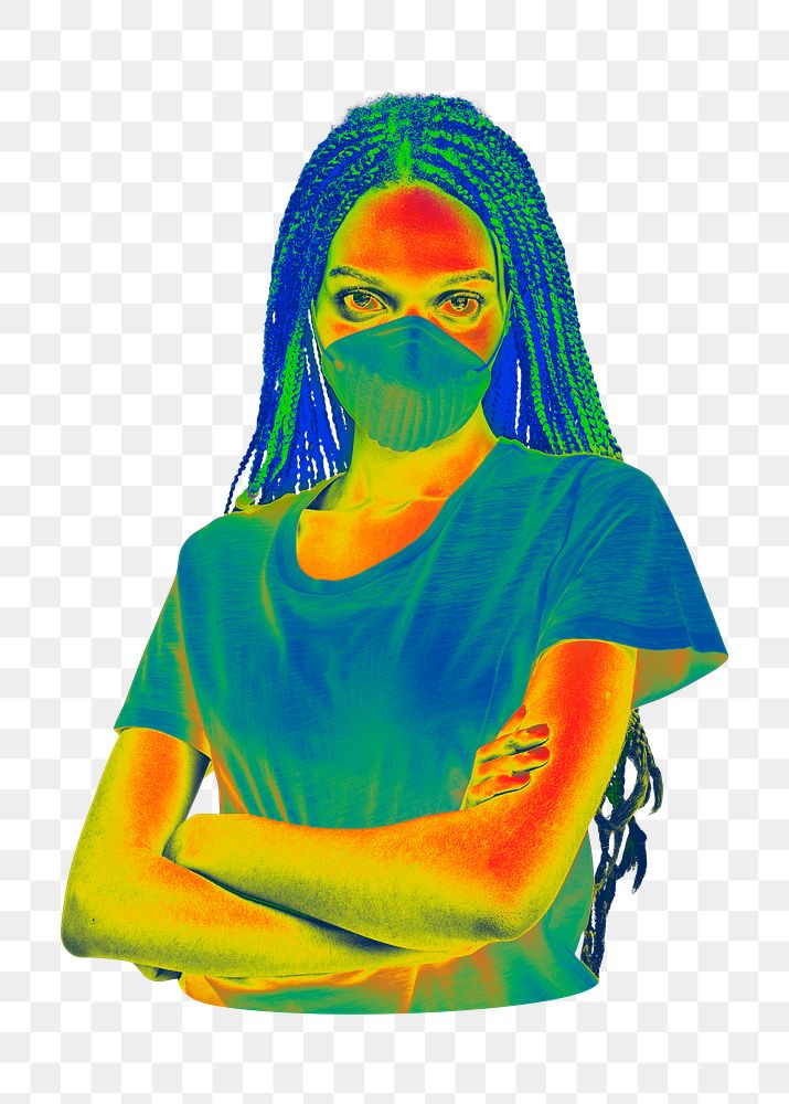 PNG Black woman wearing a mask infrared thermography, collage element on transparent background