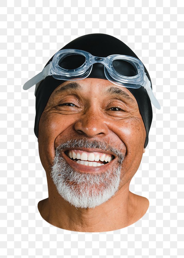 PNG Senior man wearing swimming glasses portrait, collage element, transparent background