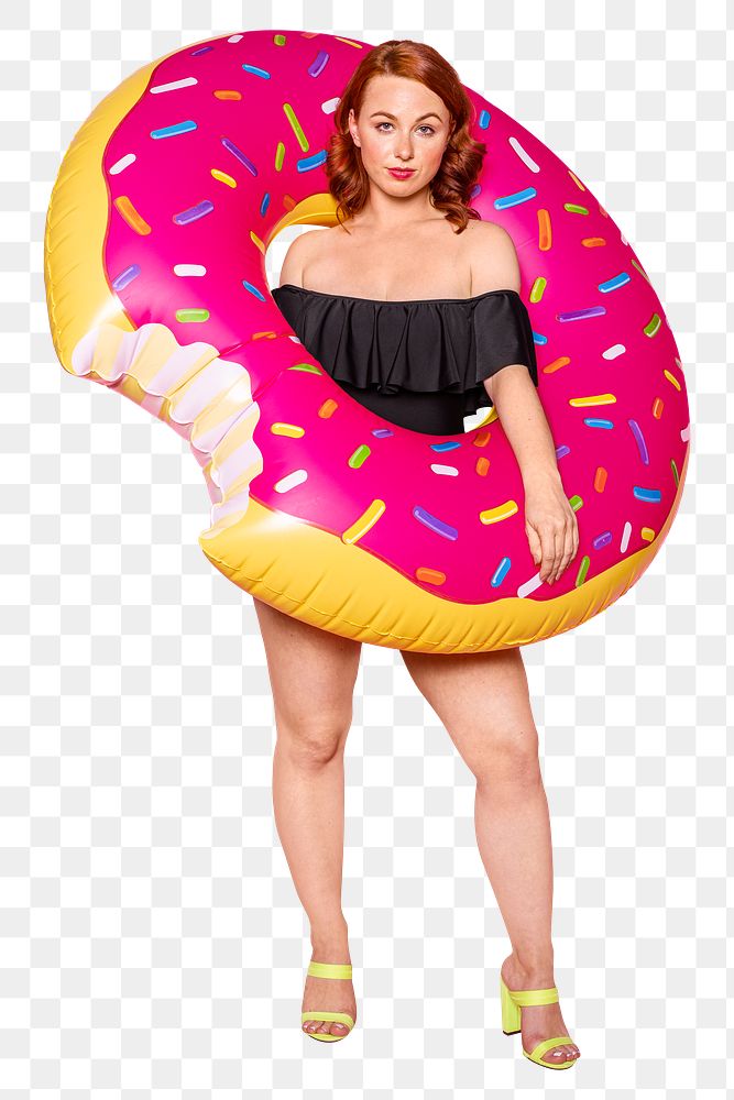Png woman inflatable donut ring, isolated collage element, transparent background