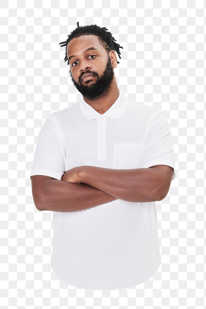 White polo png, men's fashion, arm crossed, transparent background