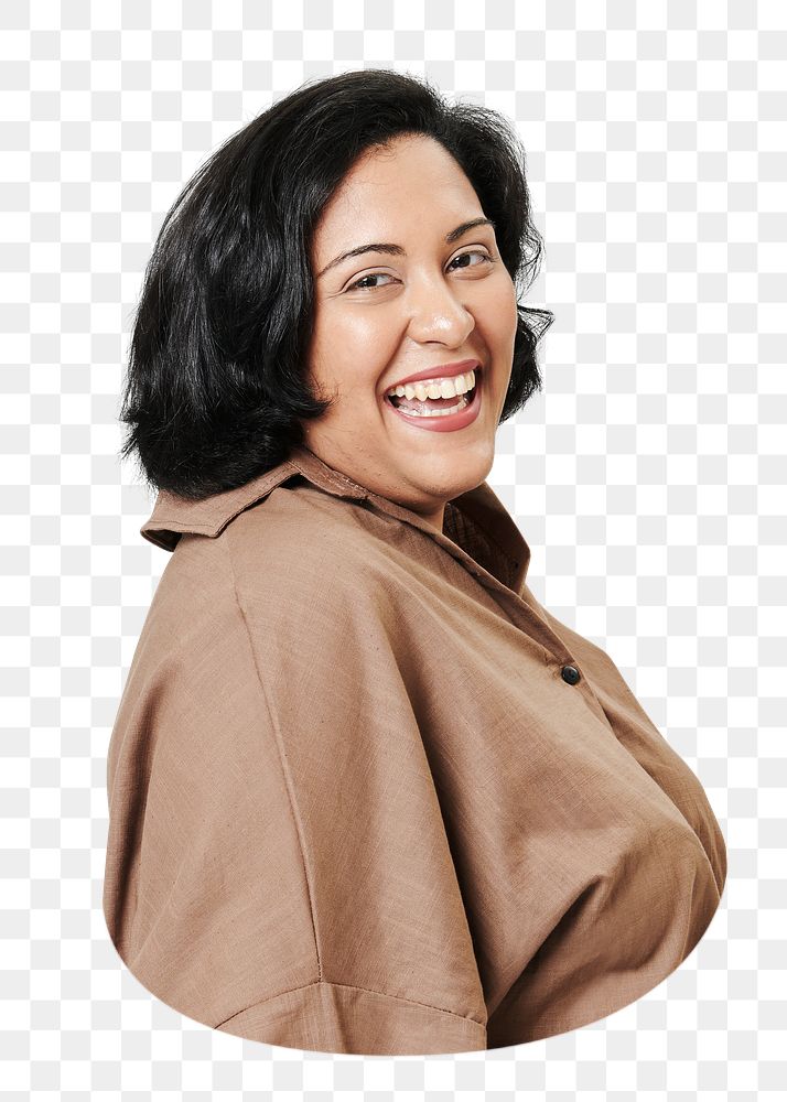 Woman in brown shirt png, plus-size fashion, transparent background