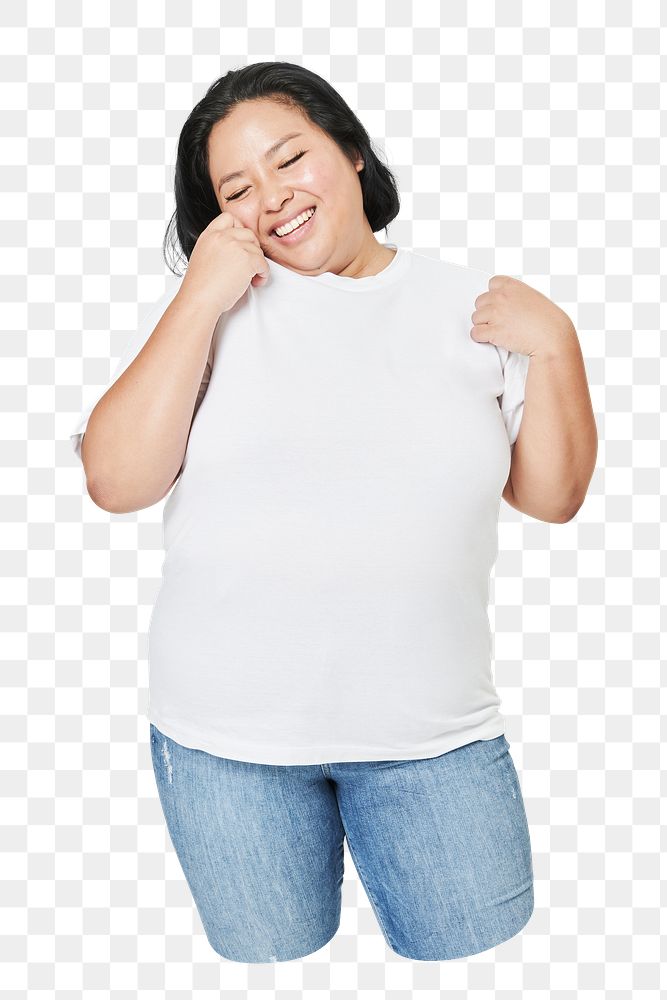 Png women's white tee and jeans, plus-size fashion, transparent background