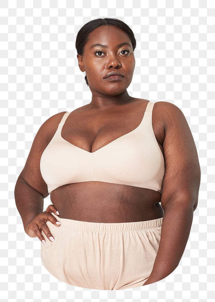 Black woman in beige bra png, plus size fashion, transparent background