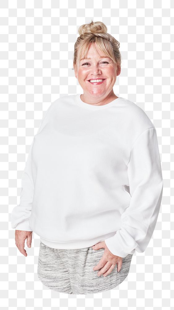 Png blonde woman in white sweater, transparent background