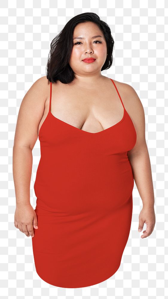 Png plus-size fashion, red spaghetti strap dress, transparent background