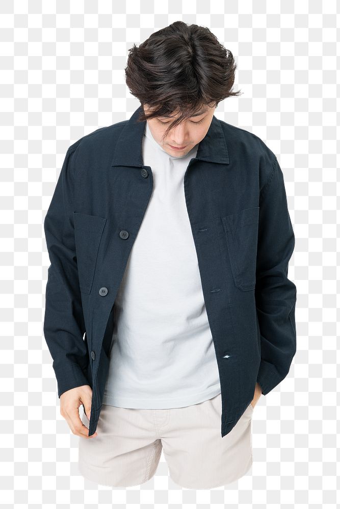 Png man in white t-shirt and black jacket, casual wear, transparent background