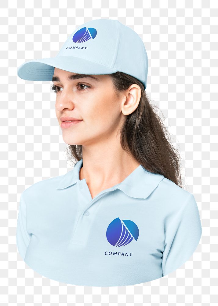 Png woman blue polo and cap, transparent background