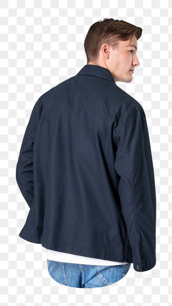 Man png in navy jacket and jeans, casual fashion, rear view, transparent background