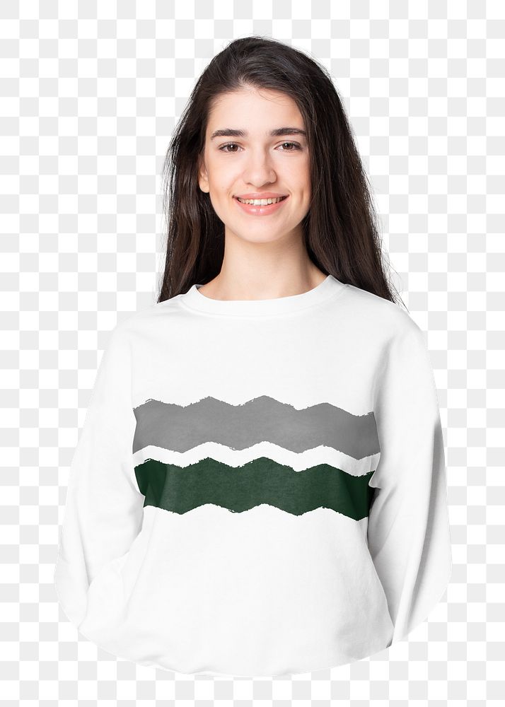 Woman png in white sweater, zig zag pattern, casual wear apparel, transparent background