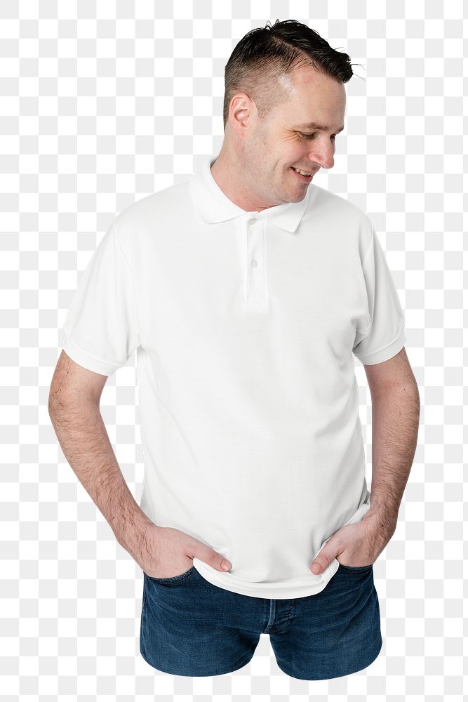Png man in white polo, casual fashion, transparent background