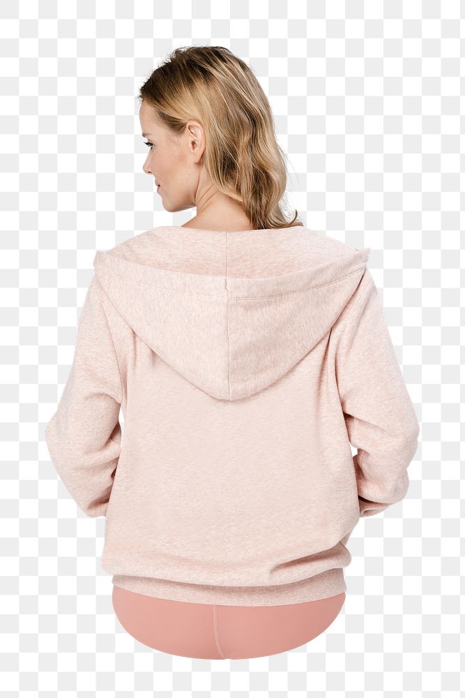 Png woman in pink hoodie, transparent background, rear view