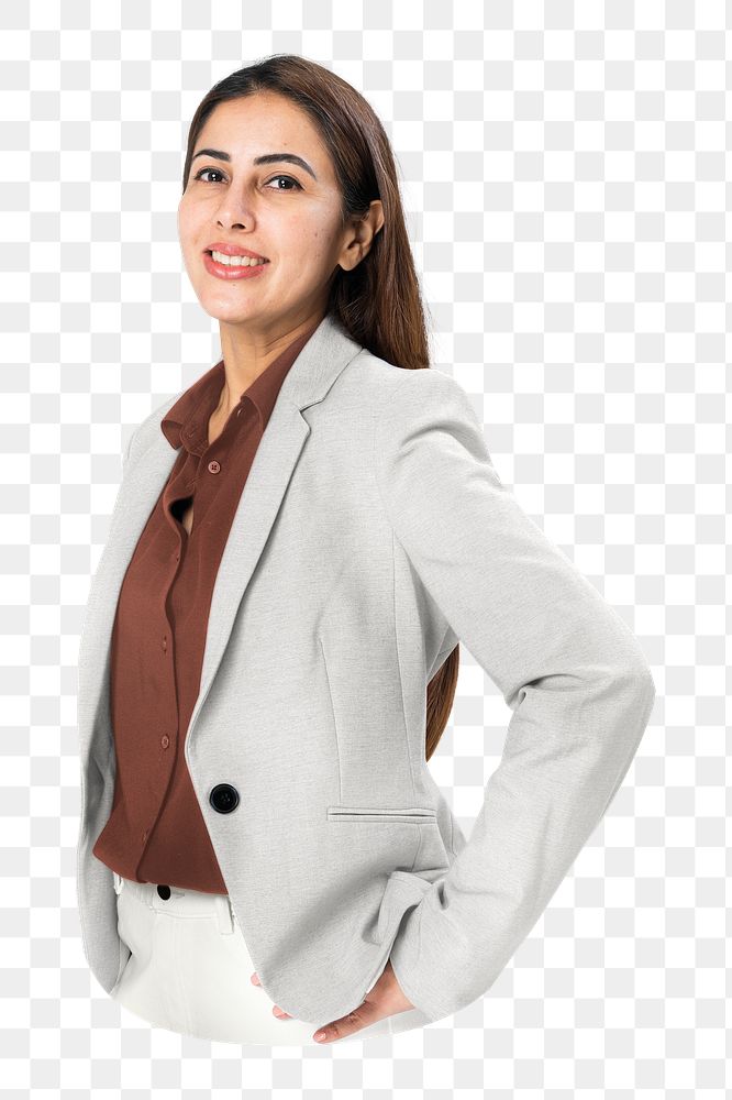 Png woman in gray blazer with brown shirt, formal wear, business wear, Indian model ,transparent background
