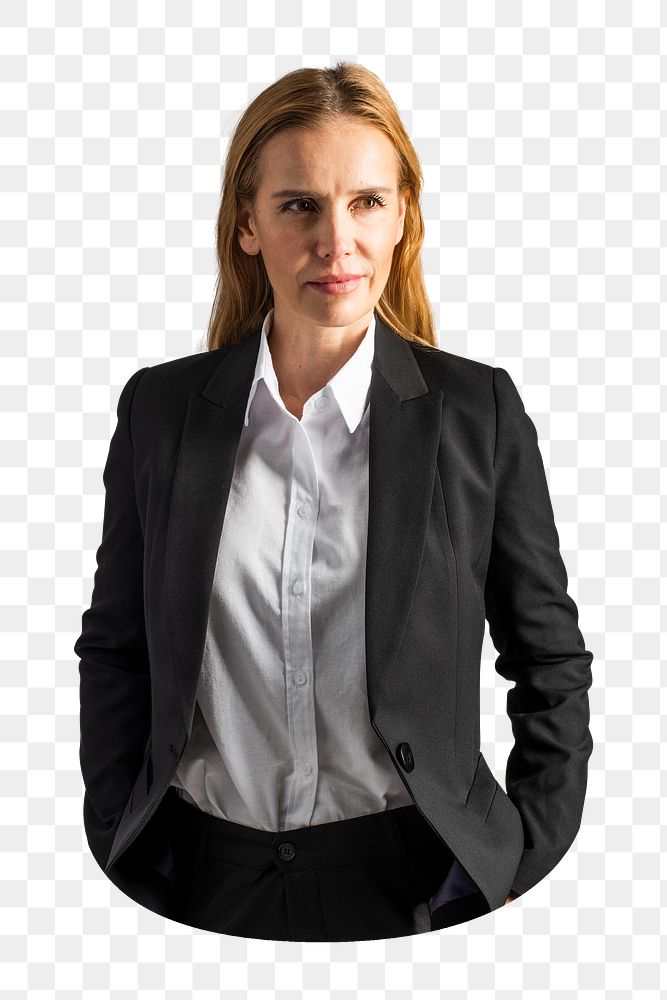 Png woman in formal wear, black blazer, transparent background