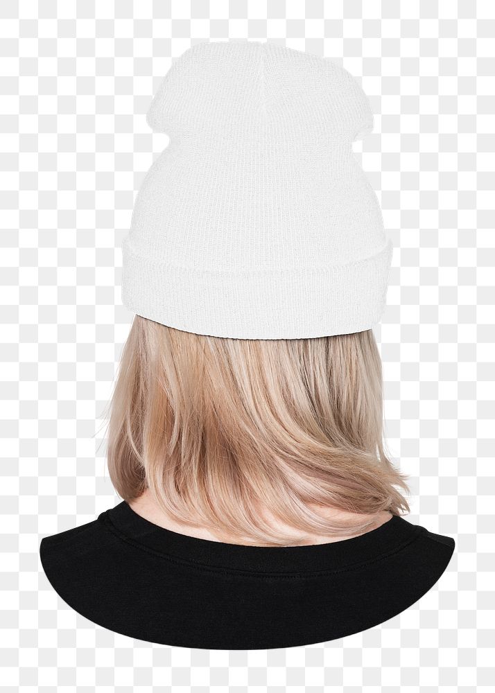 Png woman in white beanie, rear view, transparent background