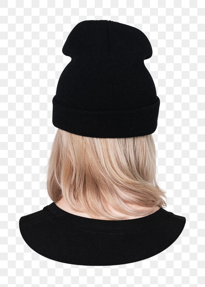 Png girl in black beanie, rear view, transparent background