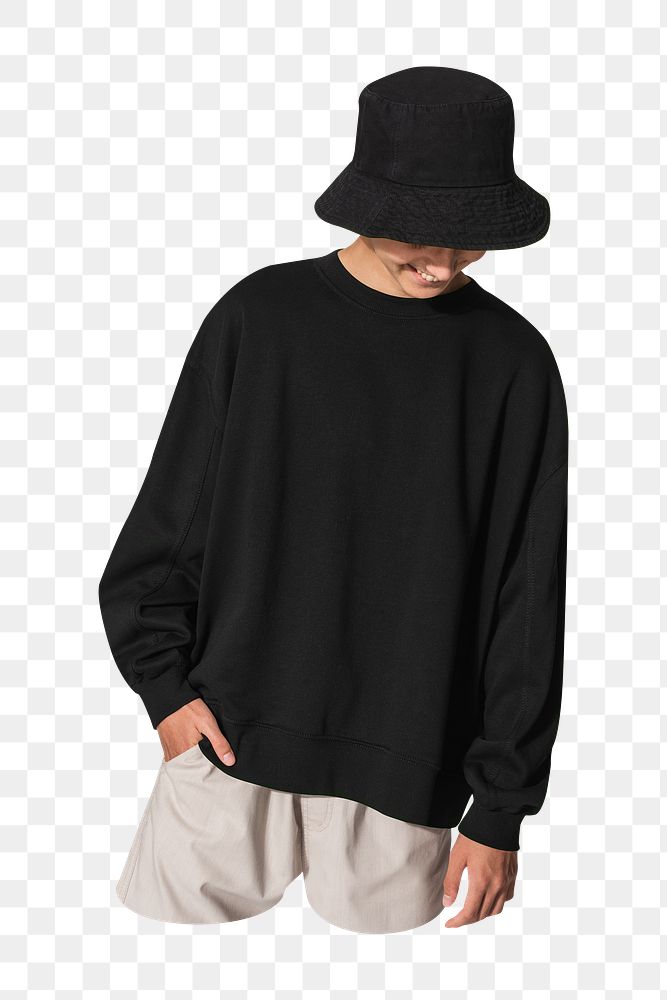 PNG teenage boy in black sweater and bucket hat, collage element, transparent background