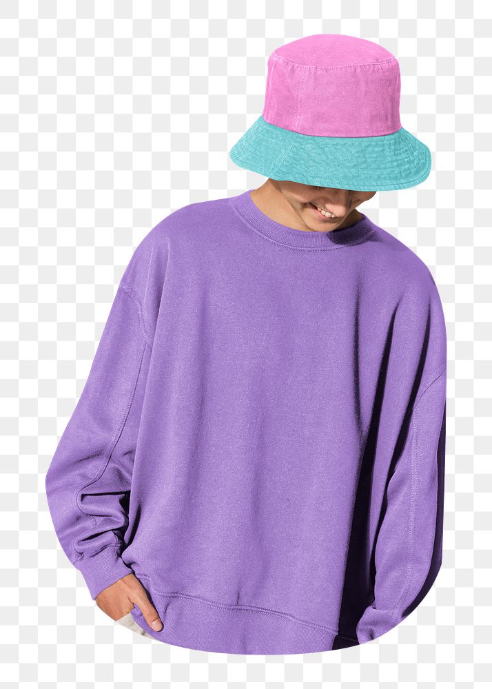 Boy png in purple sweater and pink bucket hat ,transparent background